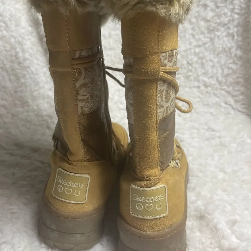 Skechers leather suede tan & Bronze leather fabric patchwork tall boots …